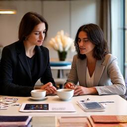Fase di consulenza e progettazione con un cliente, seduti attorno a un tavolo con campionari di tessuti.