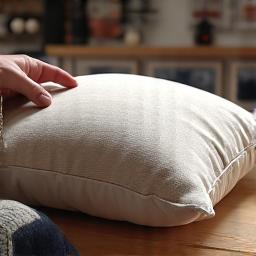 Cuscino finito ispezionato attentamente prima della consegna, su un tavolo di lavoro illuminato.