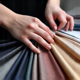 Mani che scelgono tra campioni di tessuto di alta qualità, mostrando diverse texture e colori.