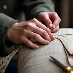 Dettaglio di una sarta che cuce a mano un cuscino, con ago e filo ben visibili.