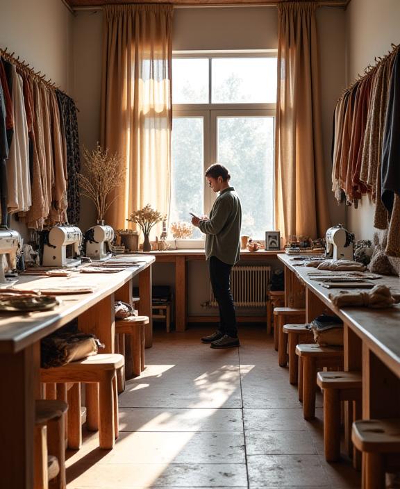 Interno del laboratorio artigianale di Stromboli Stile con tessuti e strumenti da lavoro.